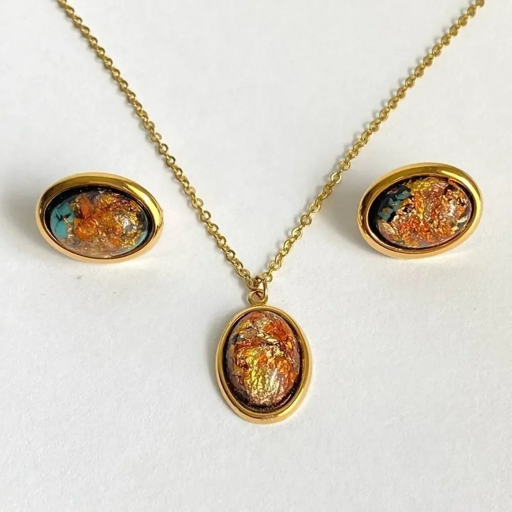 Vintage 60s Dragons Breath Necklace Earrings‎ Set Gold Tone Clip On Estate Piece